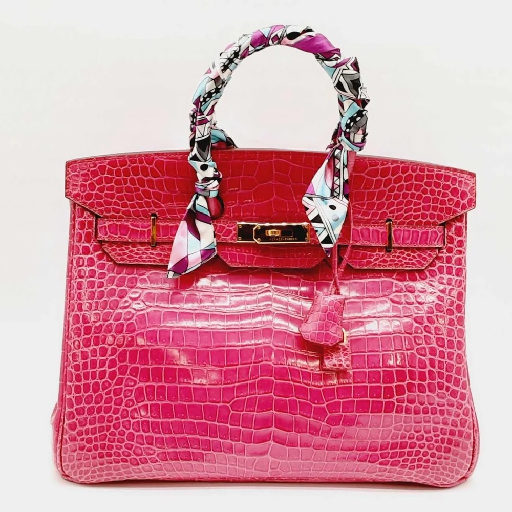 Hermes Birkin 35cm Pink Fuchsia Croc Leather Gold Handbag
